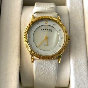 Skagen Watch, White Leather Band